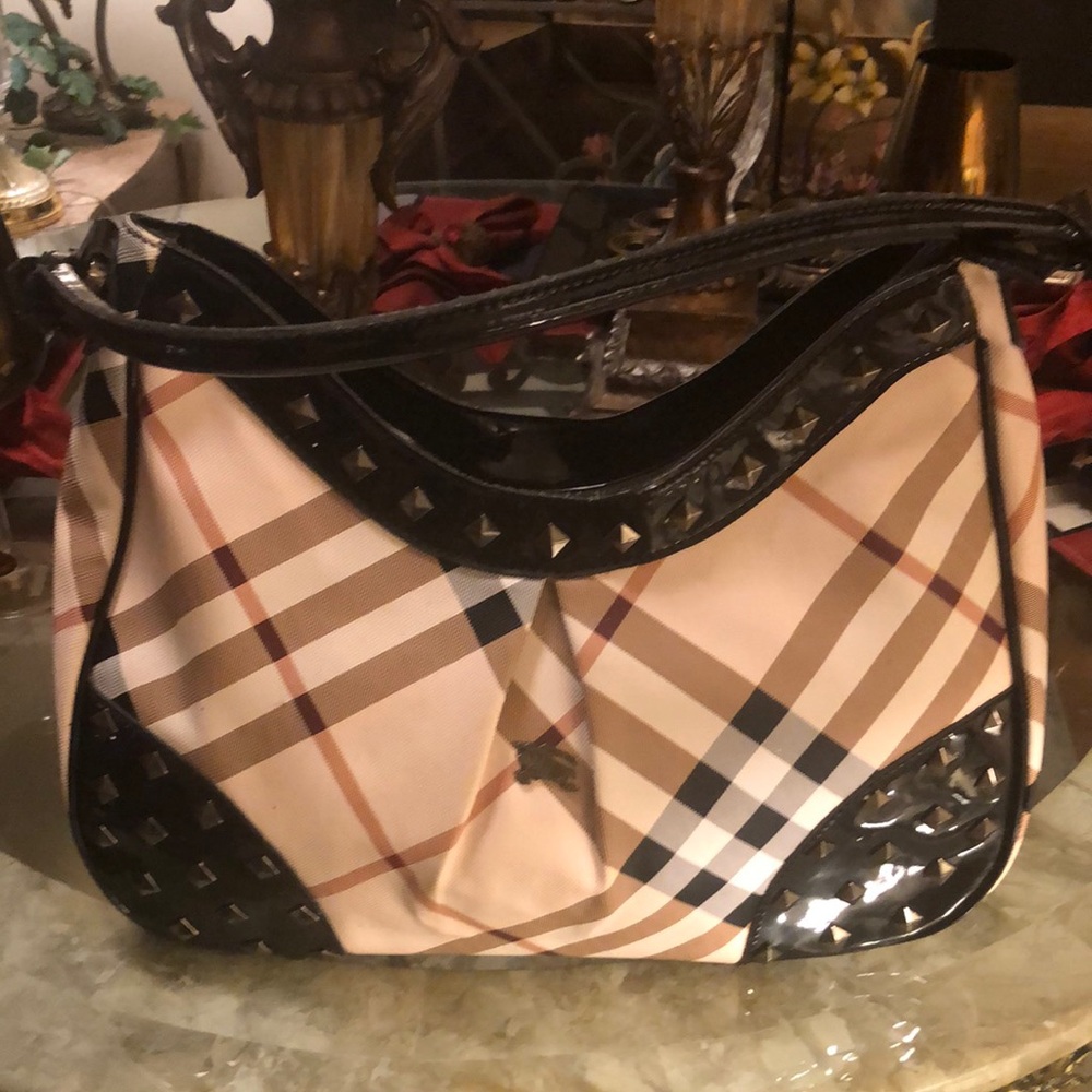 Tan and Black Shoulder Bag with Plaid Pattern and Patent Leather Trim